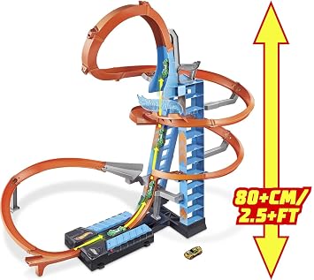 Hot Wheels Sky Crash Tower Track Set 2.5+ ft with Motorized Booster & 1 Hot Wheels Vehicle