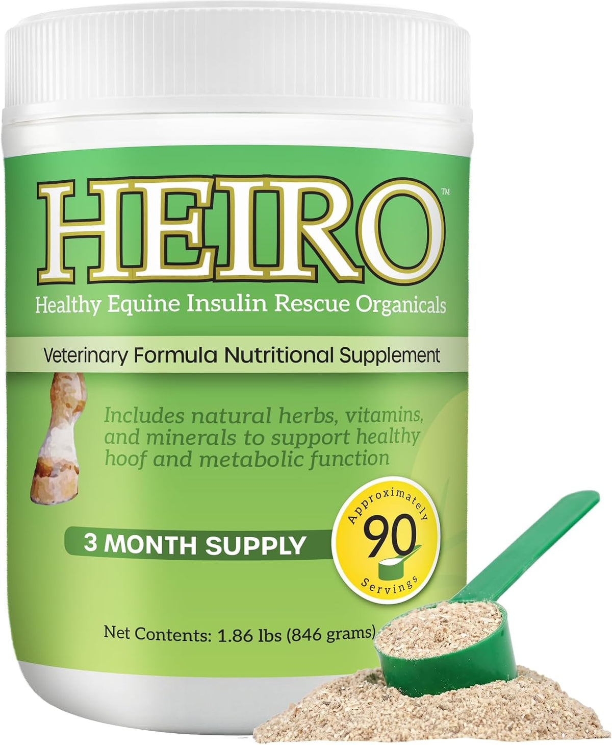 HEIRO equine supplement tub with a green label, shown with a scoop of powder