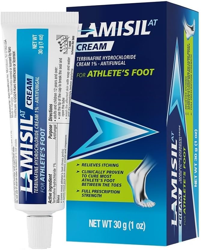 Lamisil AT antifungal cream: a white and blue tube beside a dark blue box marked for athlete's foot