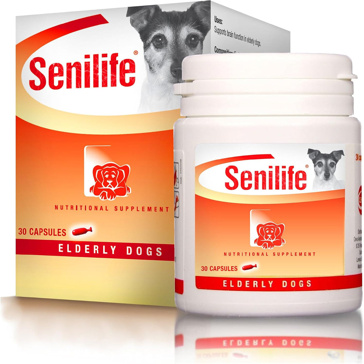 Senilife regular box and 30-capsule jar with a small dog on the label