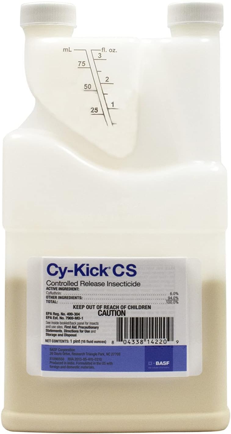 BASF Cy-Kick CS insecticide: a white 1 pint bottle with a measuring chamber and a blue and white label
