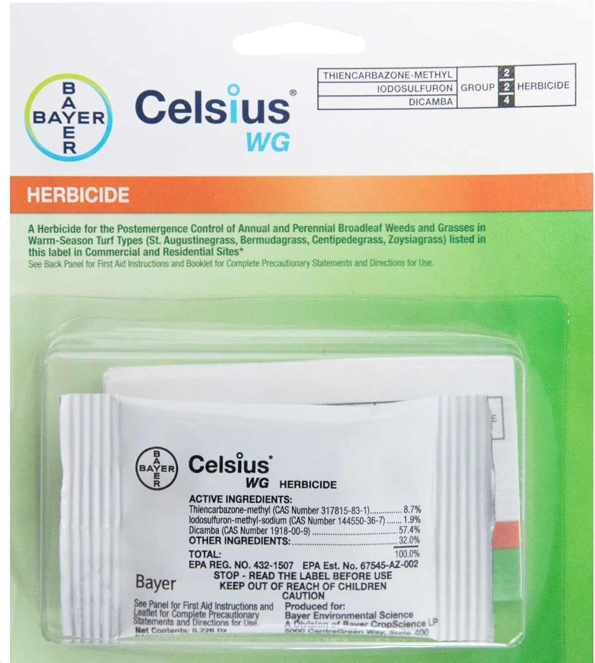 Celsius WG herbicide packet on a green and orange Bayer blister card