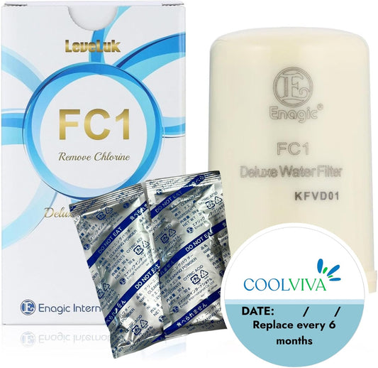 COOLVIVA FC1 filter kit: a LeveLuk FC1 box, a cream-colored filter, two foil cleaning sachets and a round COOLVIVA label