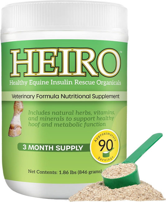 HEIRO equine supplement tub with a green label, shown with a scoop of powder
