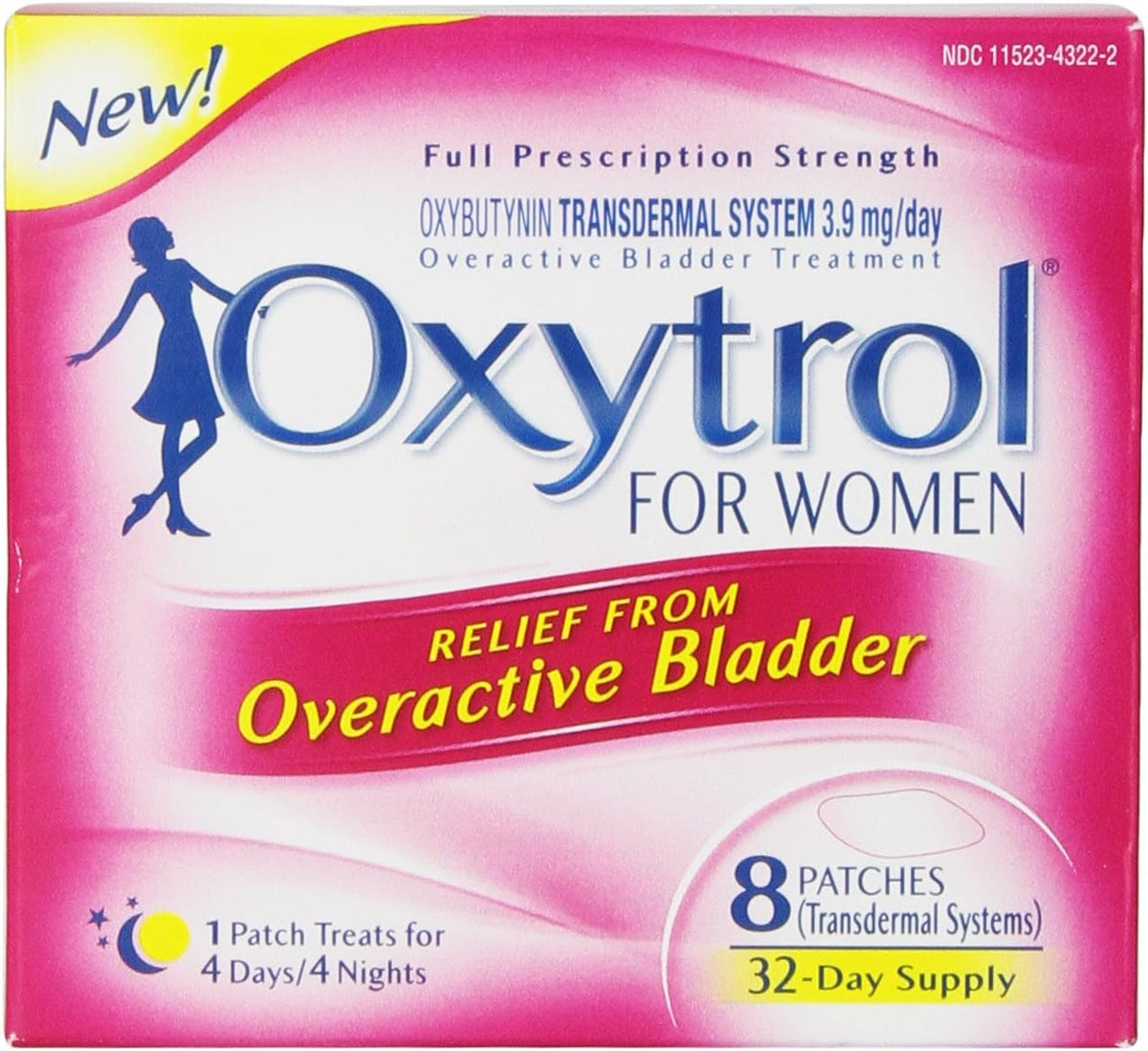 Oxytrol for Women pink retail box showing 8 transdermal patches, 32-day supply