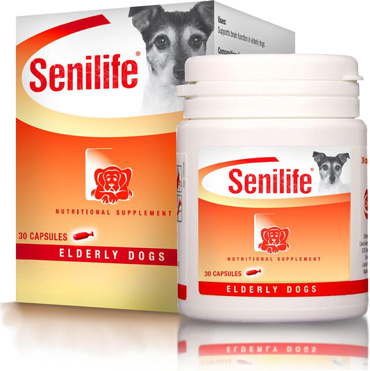 Senilife regular box and 30-capsule jar with a small dog on the label