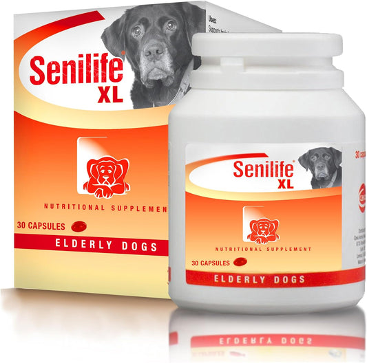 Senilife XL box and 30-capsule jar with a large dog on the label