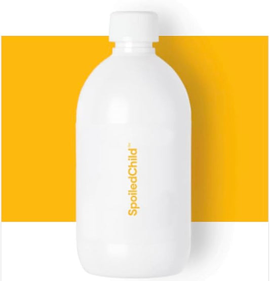 White SpoiledChild bottle in front of a yellow panel