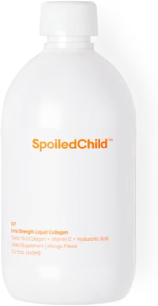 White SpoiledChild E27 Extra Strength Liquid Collagen bottle, mango flavor, 450 ml