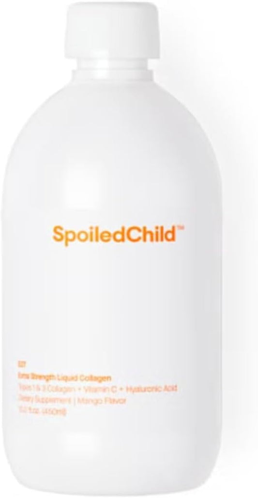 White SpoiledChild E27 Extra Strength Liquid Collagen bottle, mango flavor, 450 ml