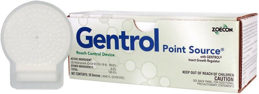 Zoecon Gentrol Point Source roach control device box with a round white device beside it